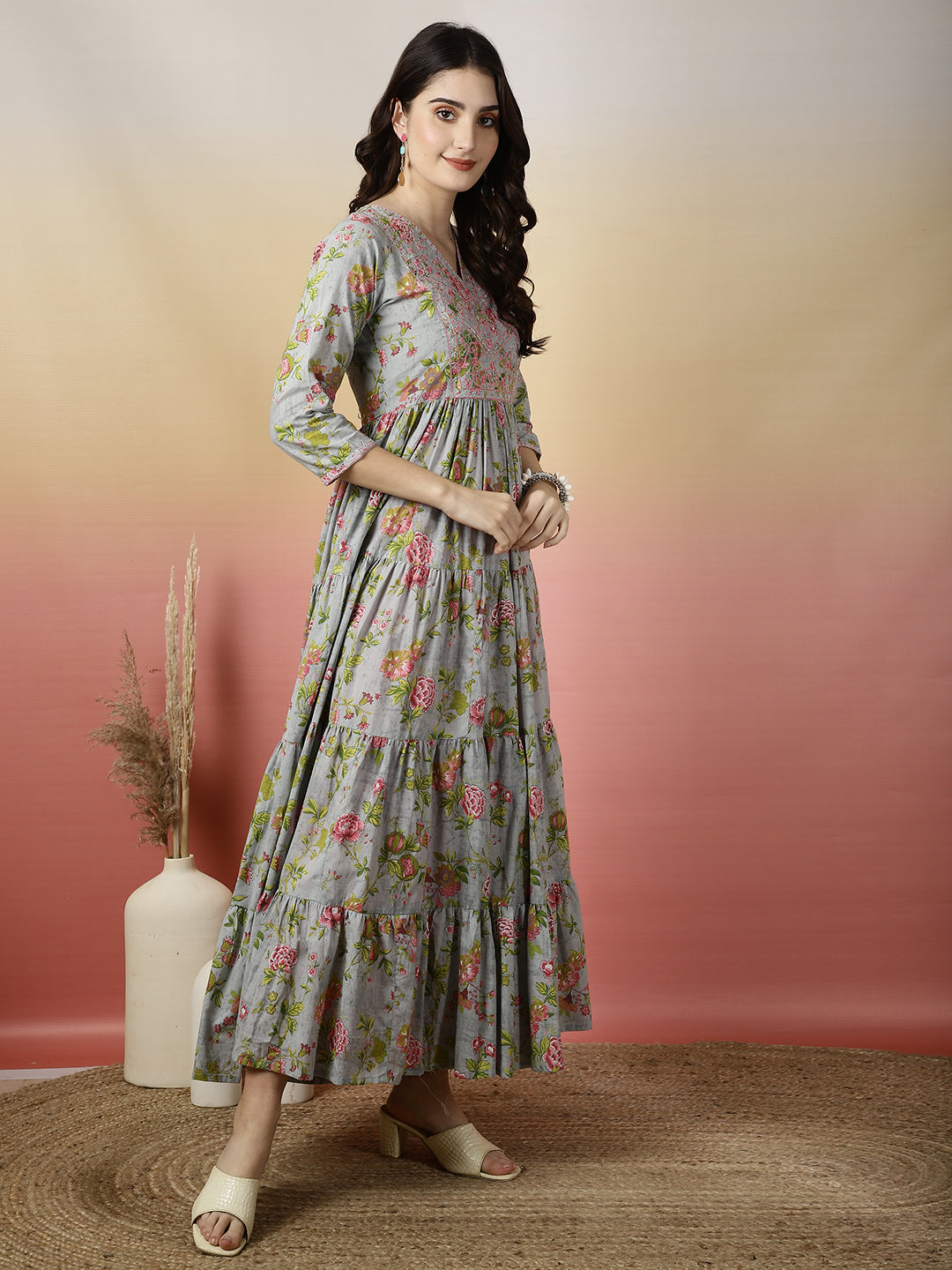Women Embroidered Cotton Printed Ankle Length V-Neck Tiered Kurta