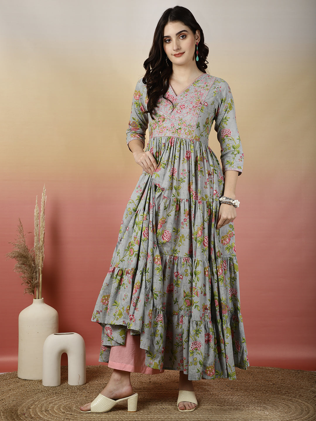 Women Embroidered Cotton Printed Ankle Length V-Neck Tiered Kurta