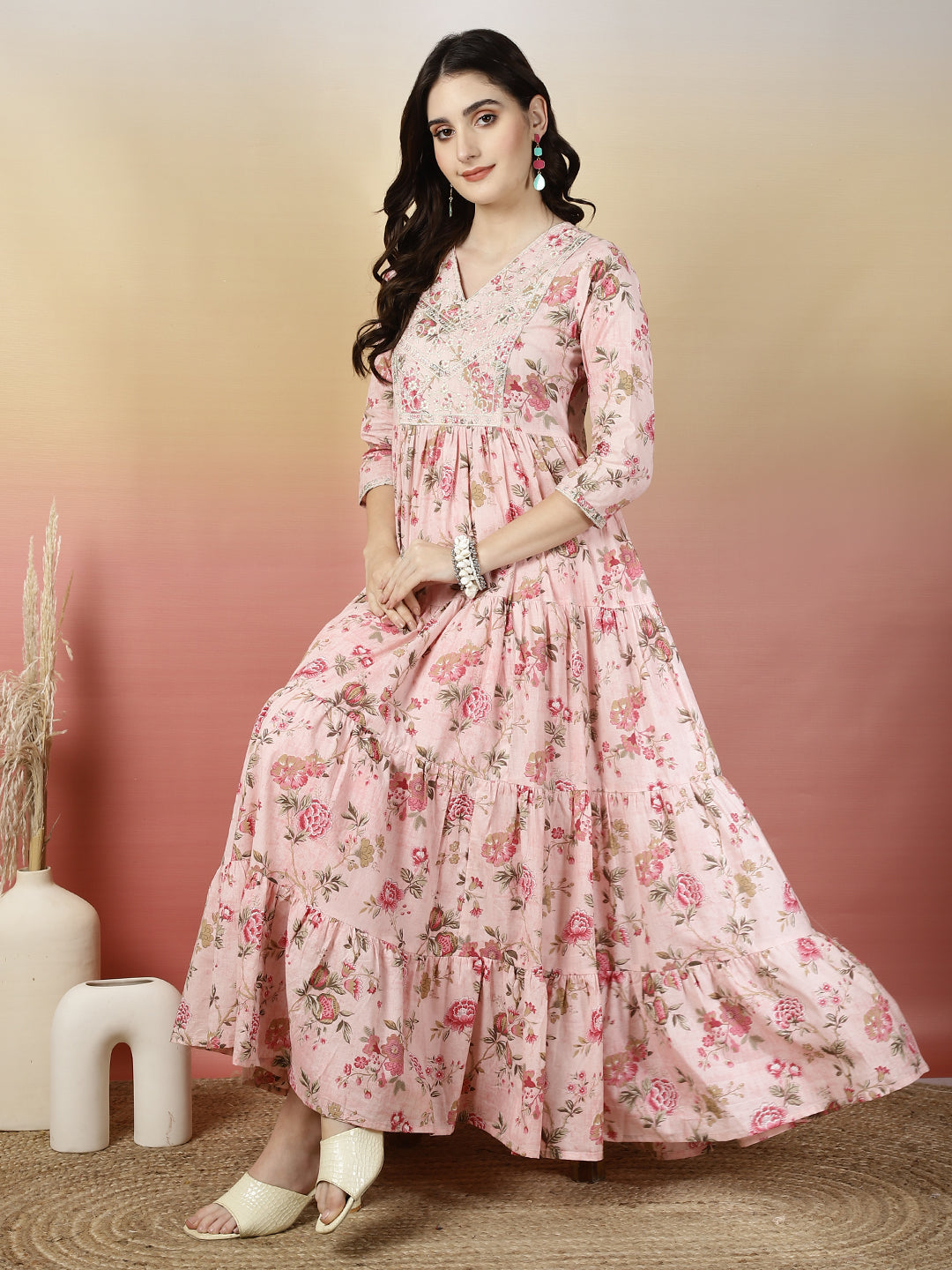 Women Embroidered Cotton Printed Ankle Length V-Neck Tiered Kurta