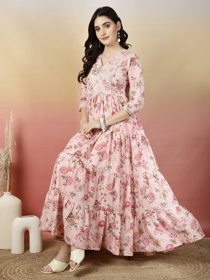 Women Embroidered Cotton Printed Ankle Length V-Neck Tiered Kurta