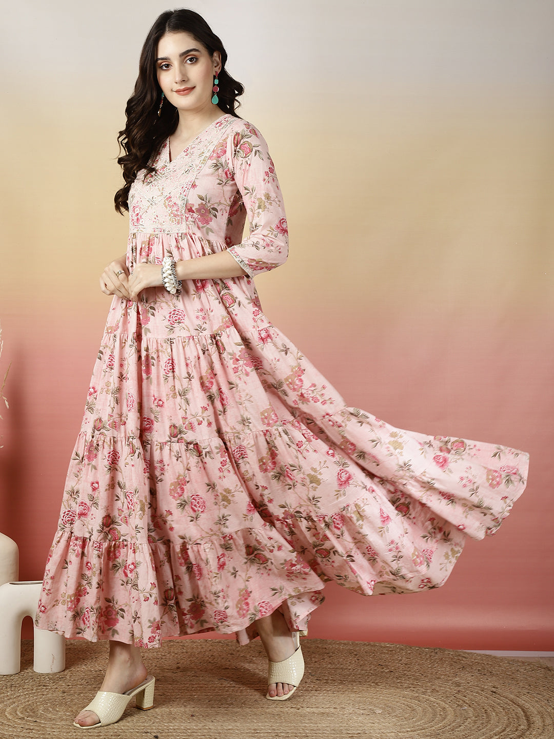 Women Embroidered Cotton Printed Ankle Length V-Neck Tiered Kurta