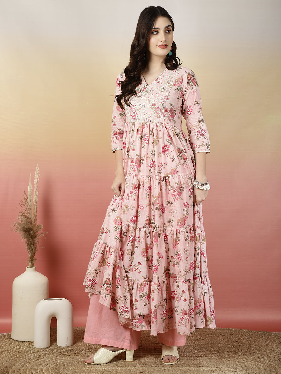 Women Embroidered Cotton Printed Ankle Length V-Neck Tiered Kurta
