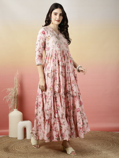 Women Embroidered Cotton Printed Ankle Length V-Neck Tiered Kurta