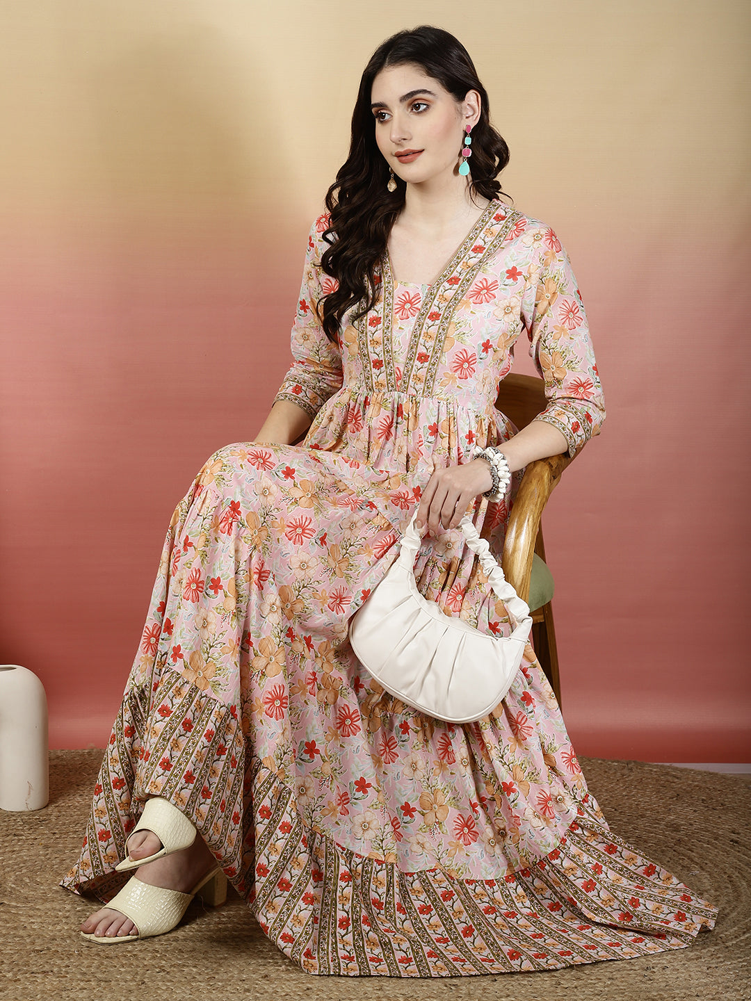 Women Cotton Printed Ankle Length V-Neck Tiered Kurta