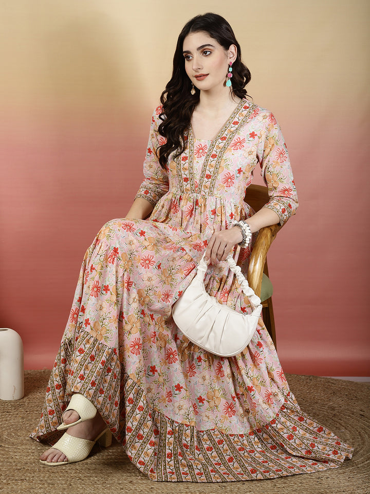Women Cotton Printed Ankle Length V-Neck Tiered Kurta