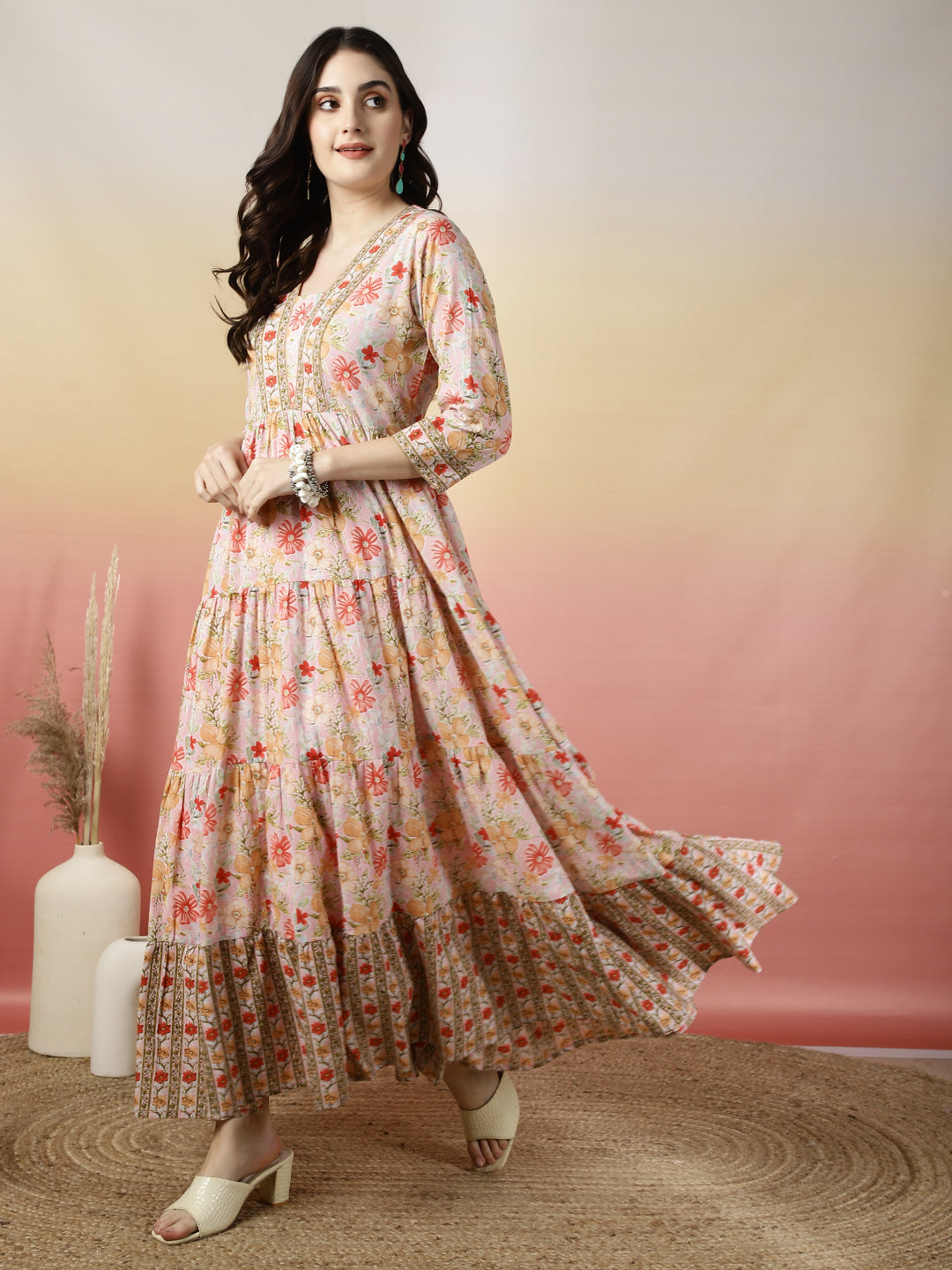 Women Cotton Printed Ankle Length V-Neck Tiered Kurta