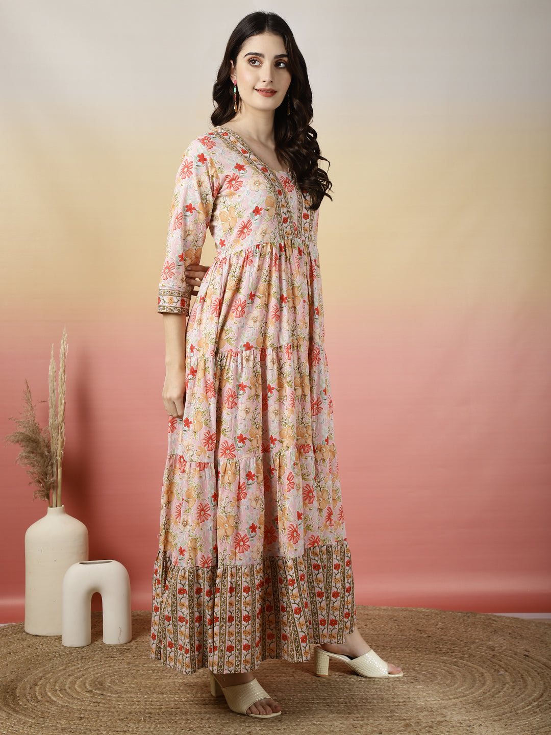 Women Cotton Printed Ankle Length V-Neck Tiered Kurta