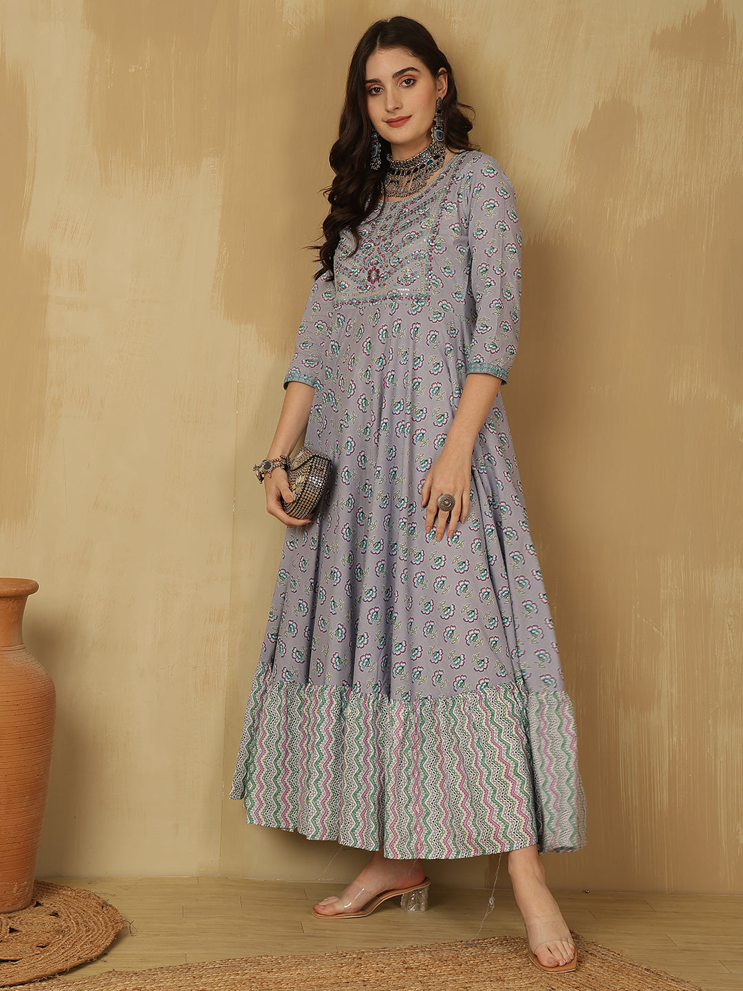 Women Embroidered Cotton Printed Ankle Length Round Neck Tiered Kurta
