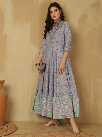 Women Embroidered Cotton Printed Ankle Length Round Neck Tiered Kurta
