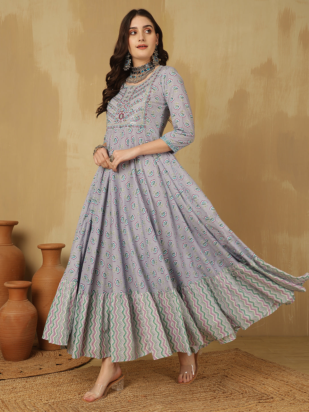 Women Embroidered Cotton Printed Ankle Length Round Neck Tiered Kurta