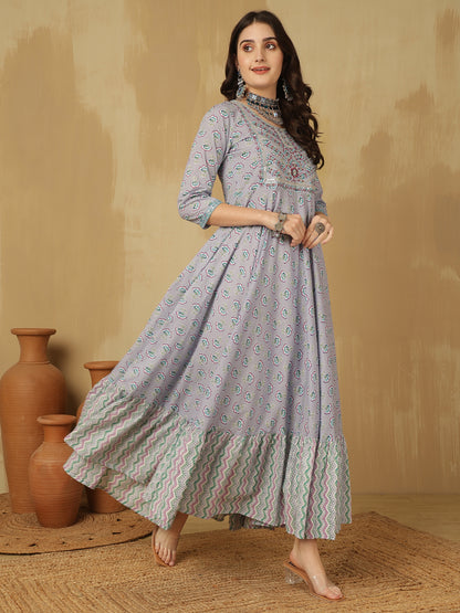 Women Embroidered Cotton Printed Ankle Length Round Neck Tiered Kurta