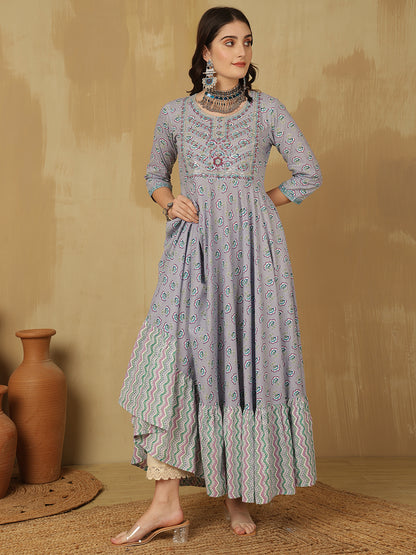 Women Embroidered Cotton Printed Ankle Length Round Neck Tiered Kurta
