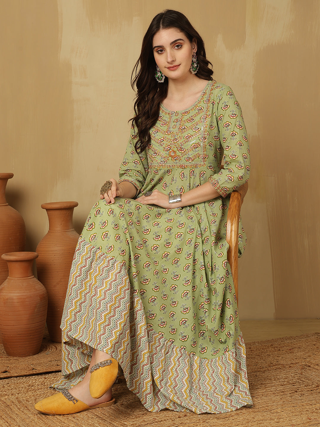 Women Embroidered Cotton Printed Ankle Length Round Neck Tiered Kurta