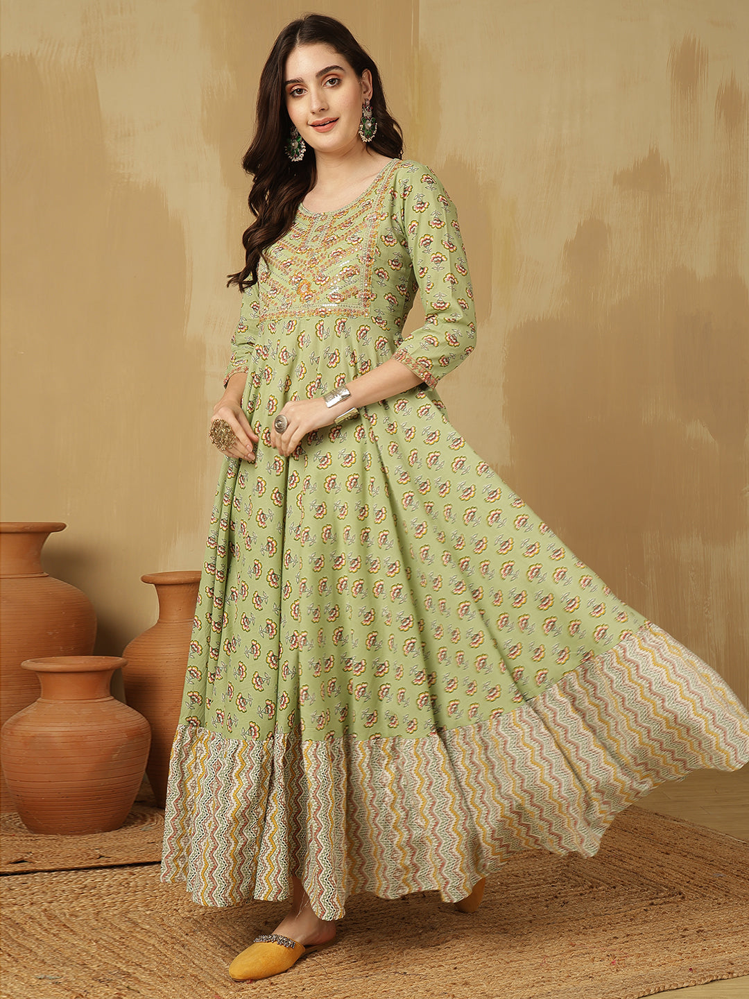 Women Embroidered Cotton Printed Ankle Length Round Neck Tiered Kurta