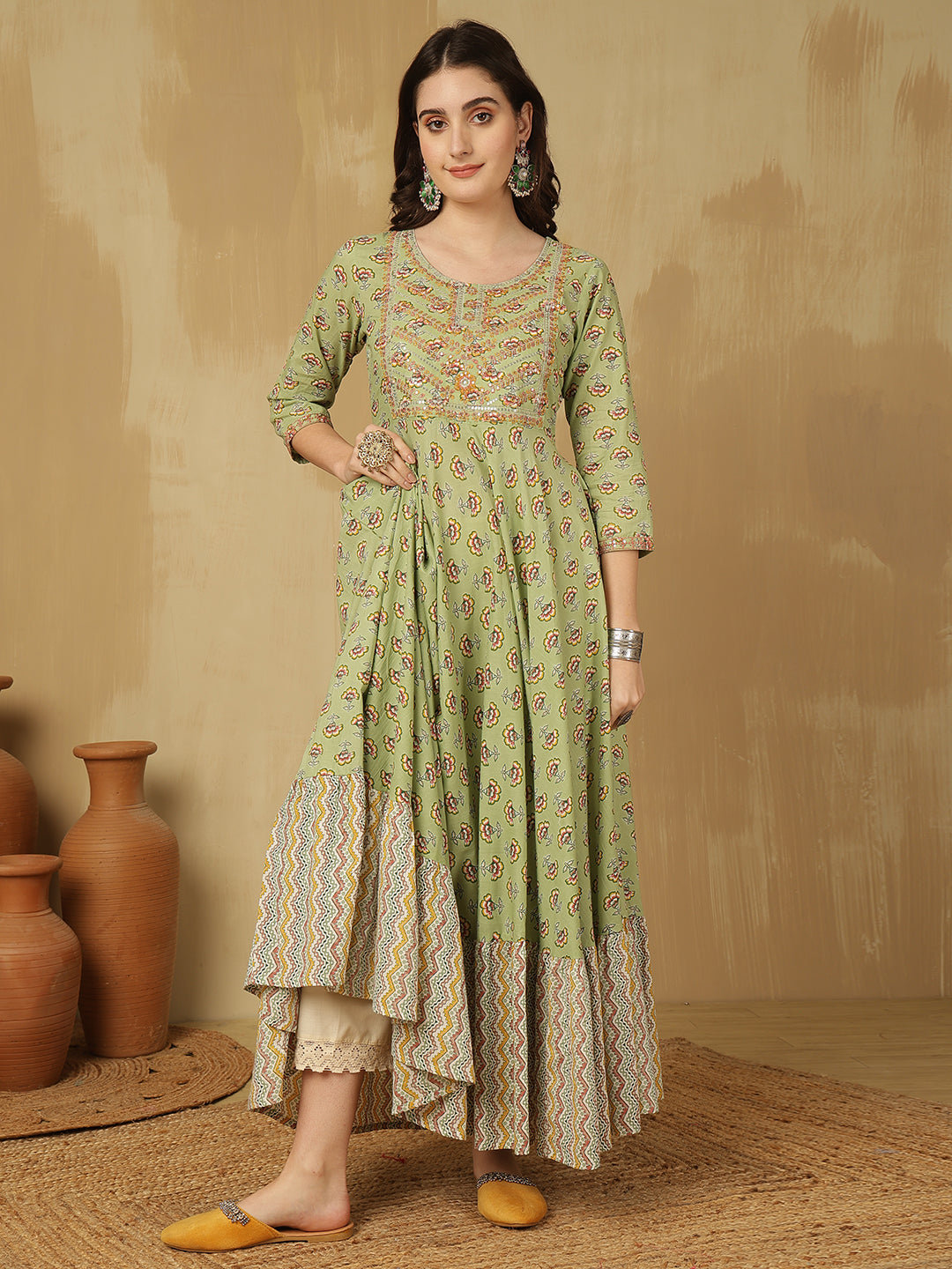 Women Embroidered Cotton Printed Ankle Length Round Neck Tiered Kurta