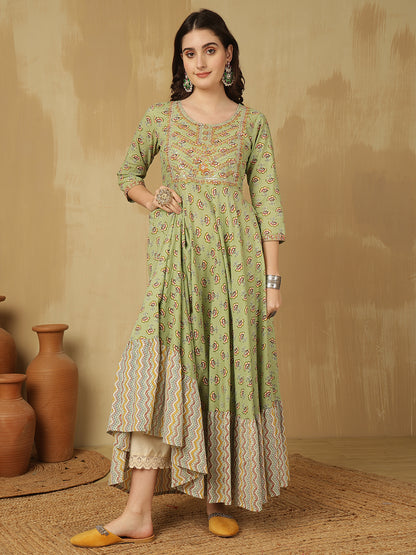 Women Embroidered Cotton Printed Ankle Length Round Neck Tiered Kurta