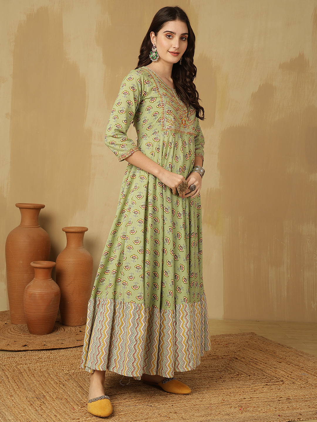 Women Embroidered Cotton Printed Ankle Length Round Neck Tiered Kurta