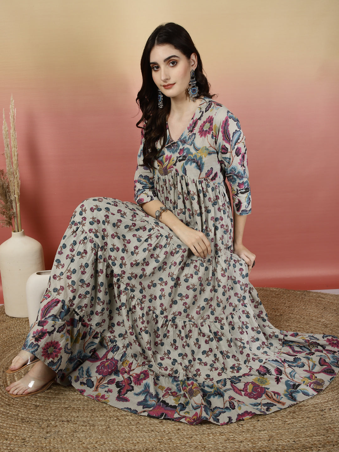 Women Cotton Printed Ankle Length V-Neck Anarkali Kurta