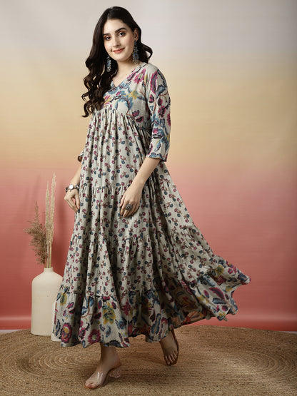Women Cotton Printed Ankle Length V-Neck Anarkali Kurta