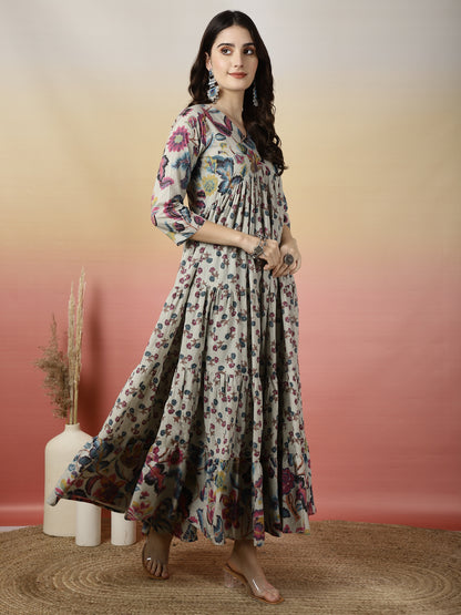 Women Cotton Printed Ankle Length V-Neck Anarkali Kurta