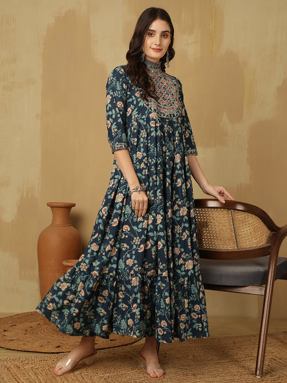 Women Embroidered Cotton Printed Ankle Length Round Neck Tiered Kurta