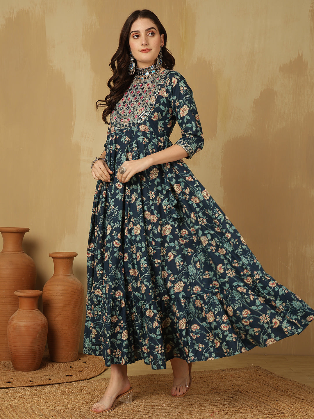 Women Embroidered Cotton Printed Ankle Length Round Neck Tiered Kurta