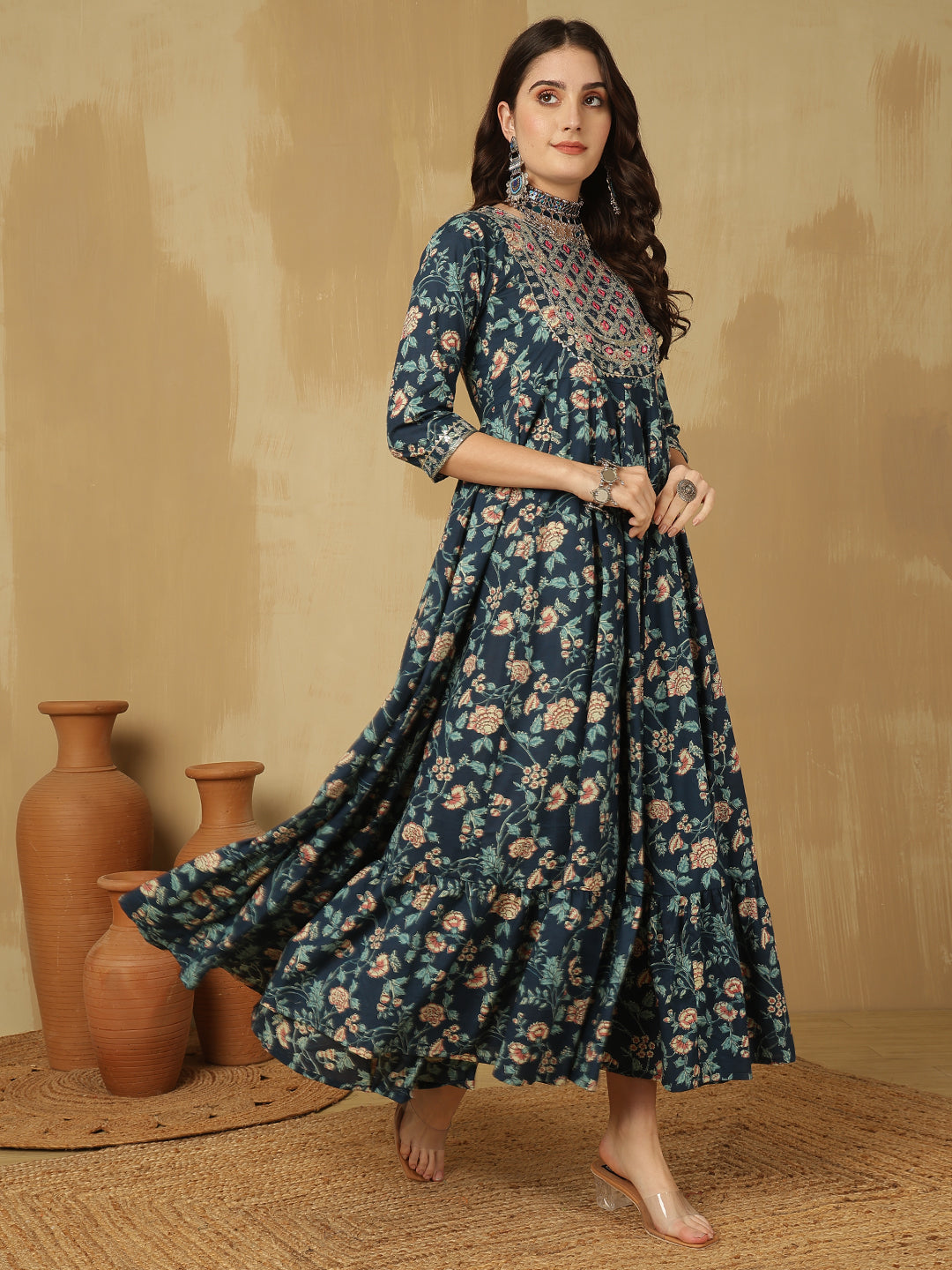 Women Embroidered Cotton Printed Ankle Length Round Neck Tiered Kurta