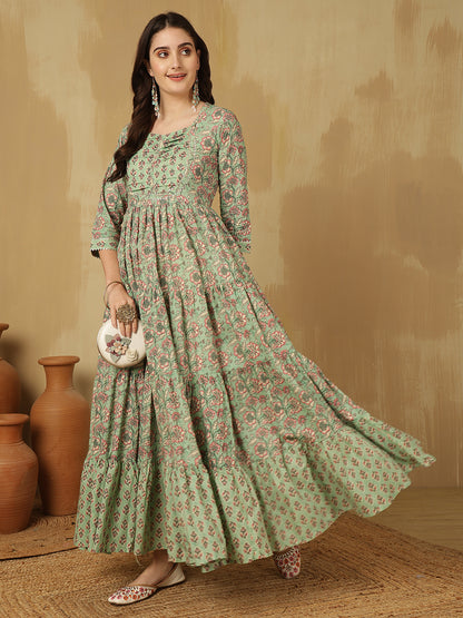 Women Cotton Printed Ankle Length Round Neck Tiered Kurta