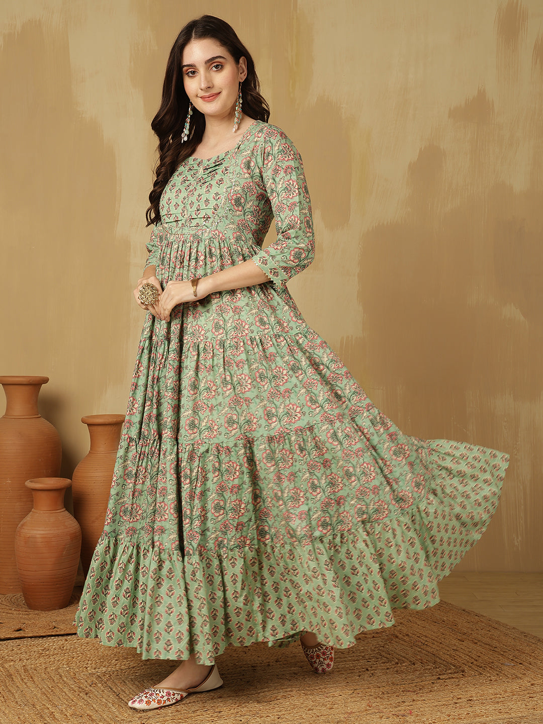 Women Cotton Printed Ankle Length Round Neck Tiered Kurta