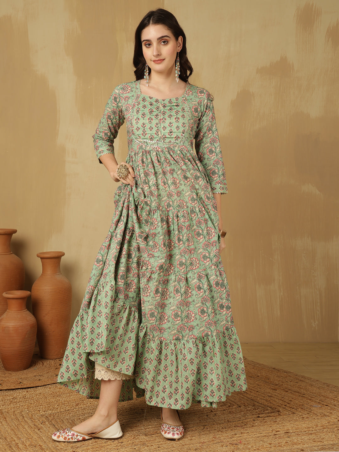 Women Cotton Printed Ankle Length Round Neck Tiered Kurta
