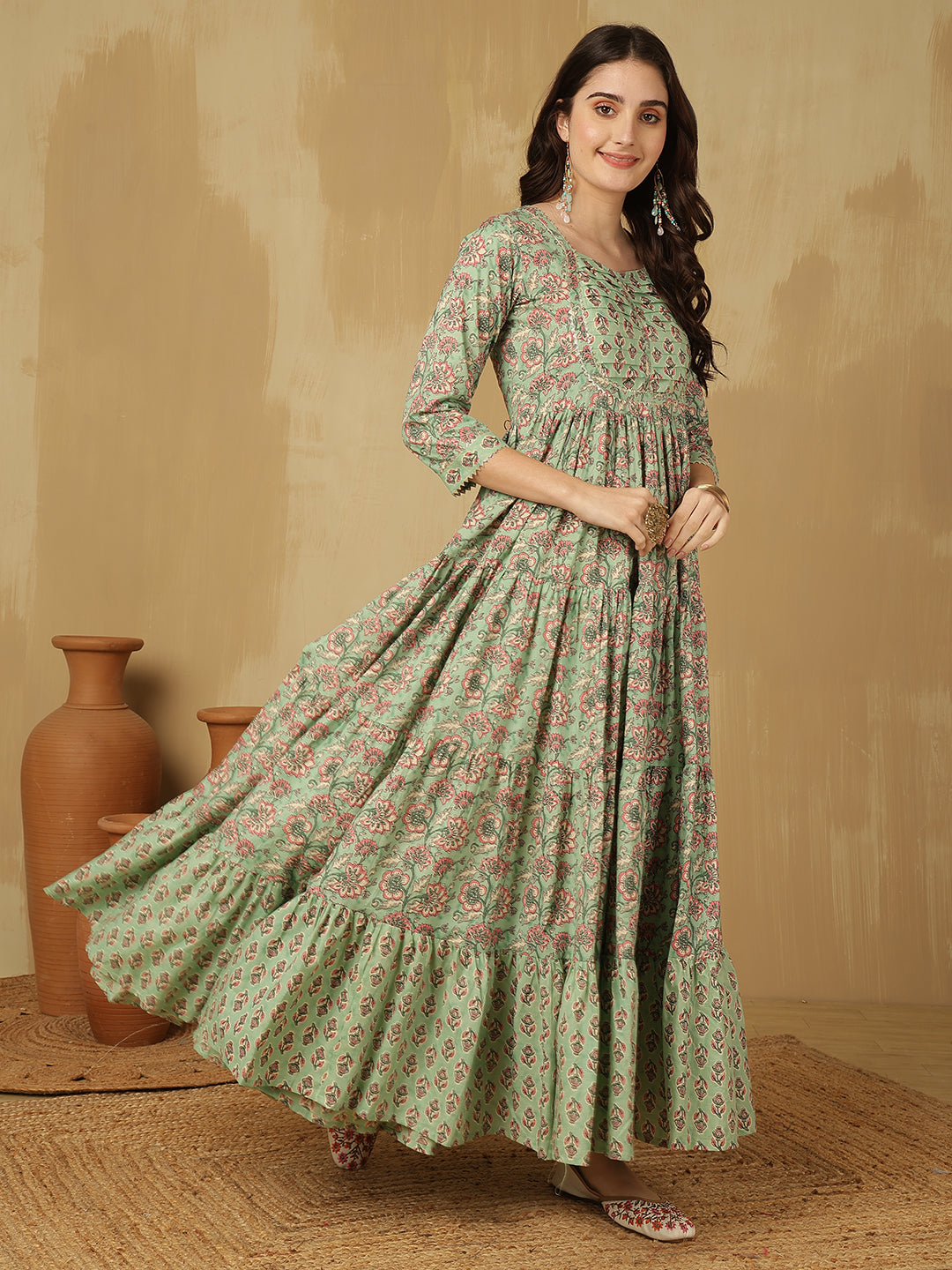 Women Cotton Printed Ankle Length Round Neck Tiered Kurta