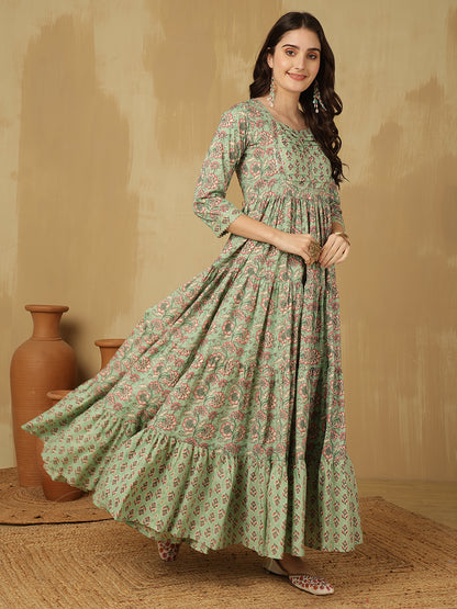 Women Cotton Printed Ankle Length Round Neck Tiered Kurta