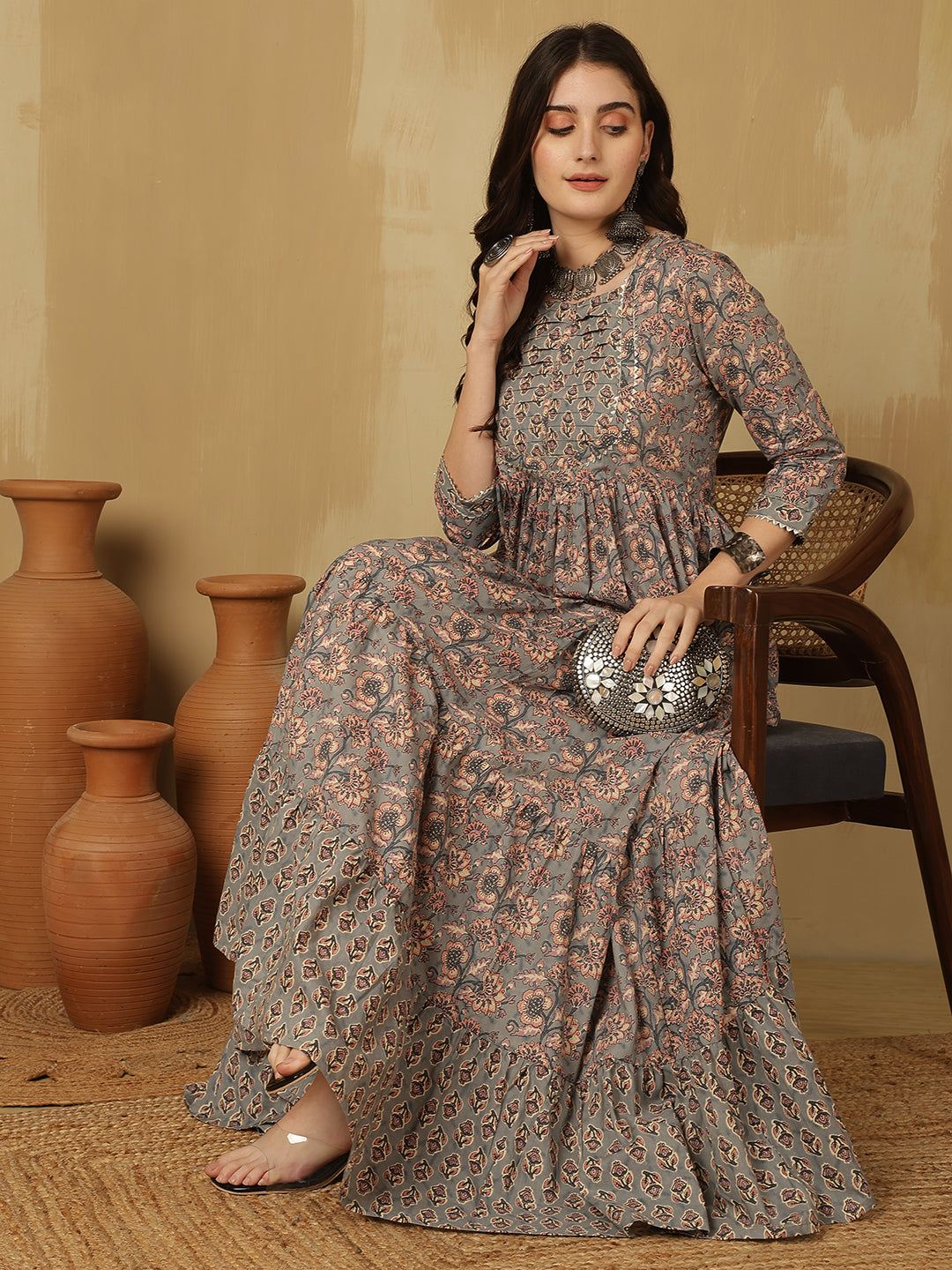 Women Cotton Printed Ankle Length Round Neck Tiered Kurta