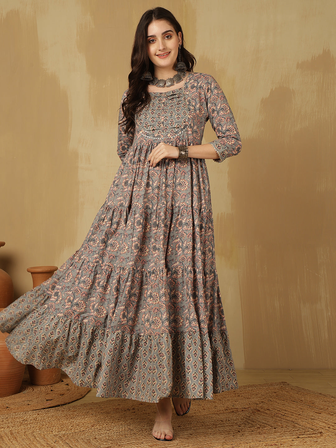 Women Cotton Printed Ankle Length Round Neck Tiered Kurta