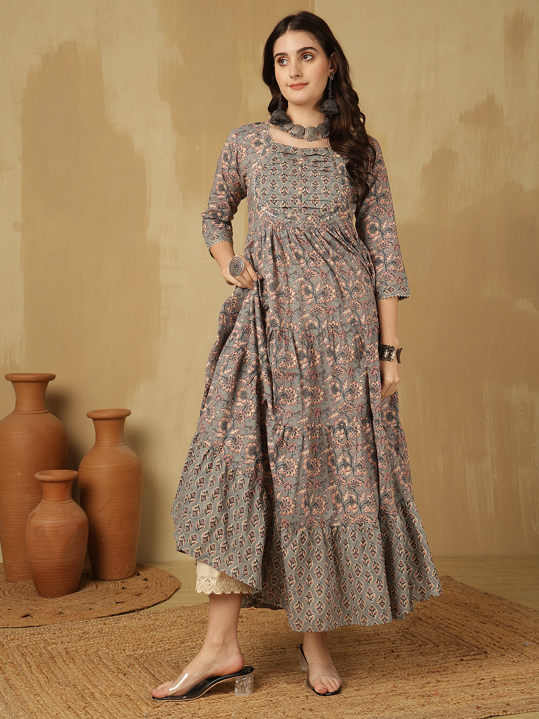 Women Cotton Printed Ankle Length Round Neck Tiered Kurta