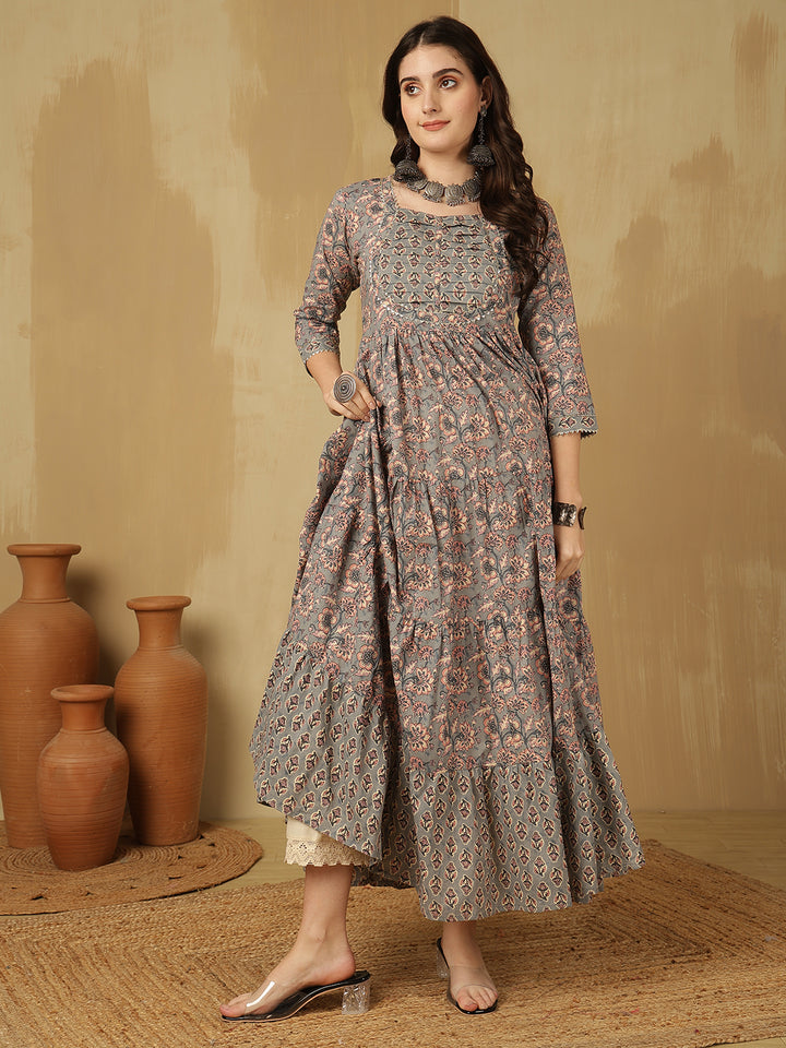Women Cotton Printed Ankle Length Round Neck Tiered Kurta