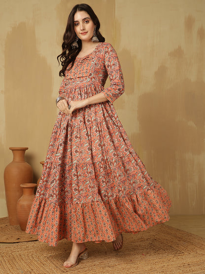 Women Cotton Printed Ankle Length Round Neck Tiered Kurta