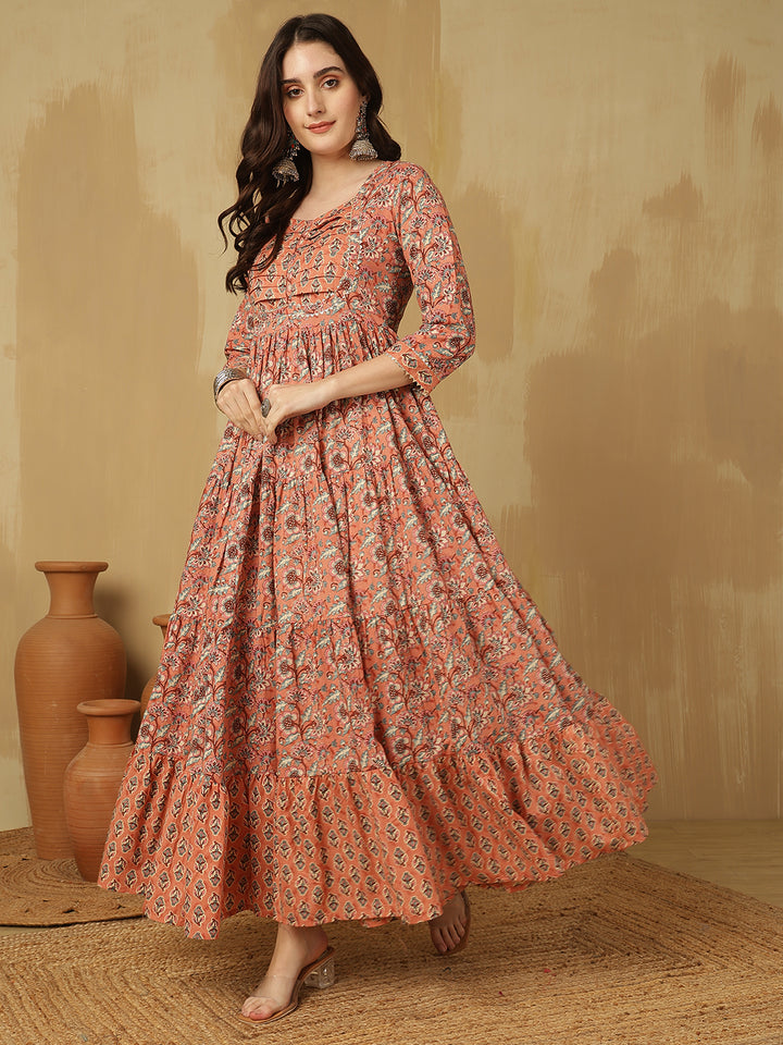 Women Cotton Printed Ankle Length Round Neck Tiered Kurta