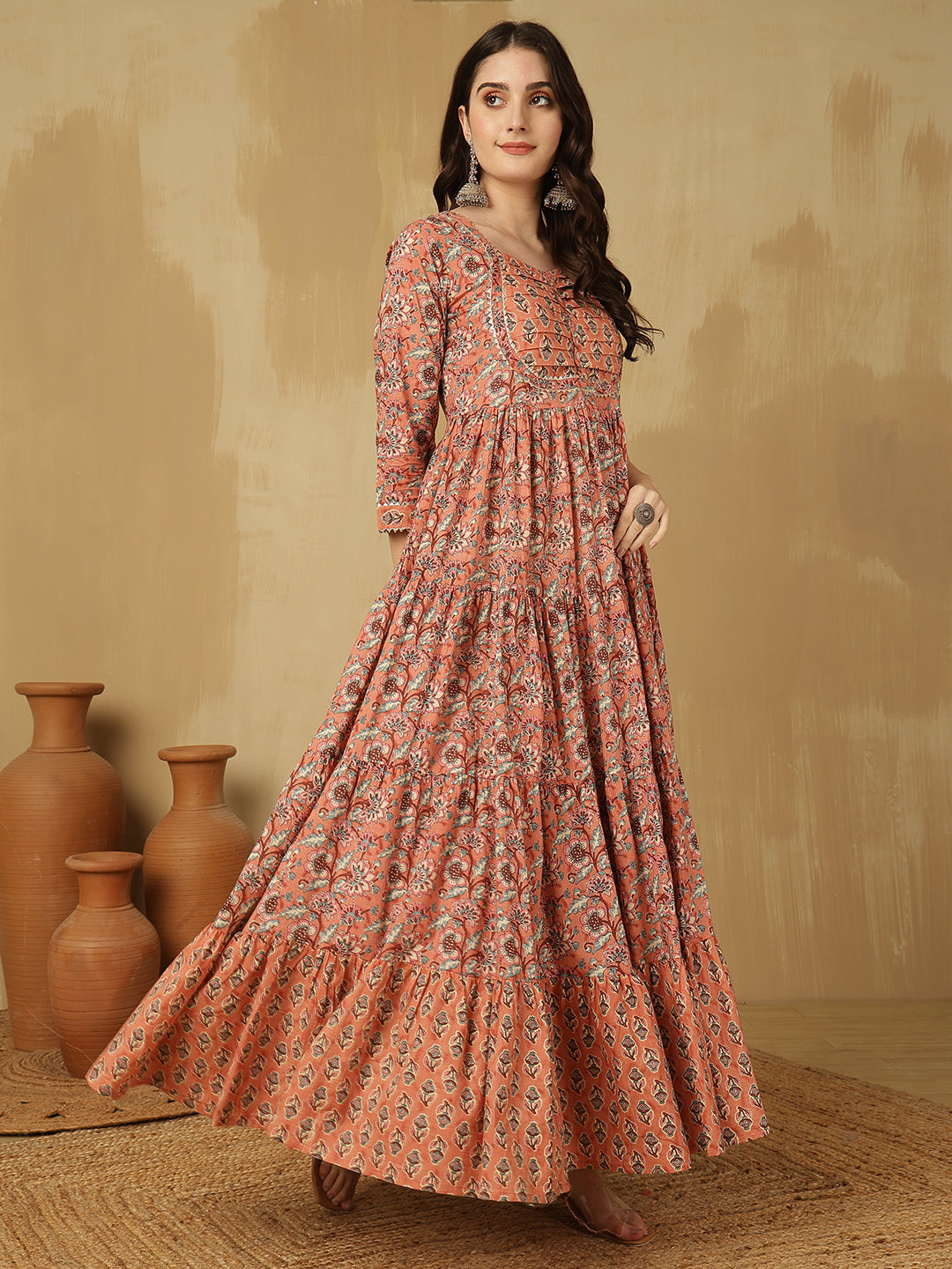 Women Cotton Printed Ankle Length Round Neck Tiered Kurta