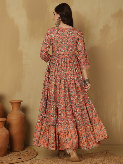 Women Cotton Printed Ankle Length Round Neck Tiered Kurta
