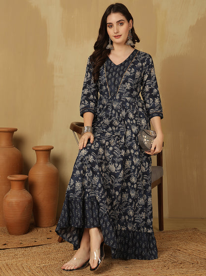 Women Cotton Printed Ankle Length V-Neck Tiered Kurta