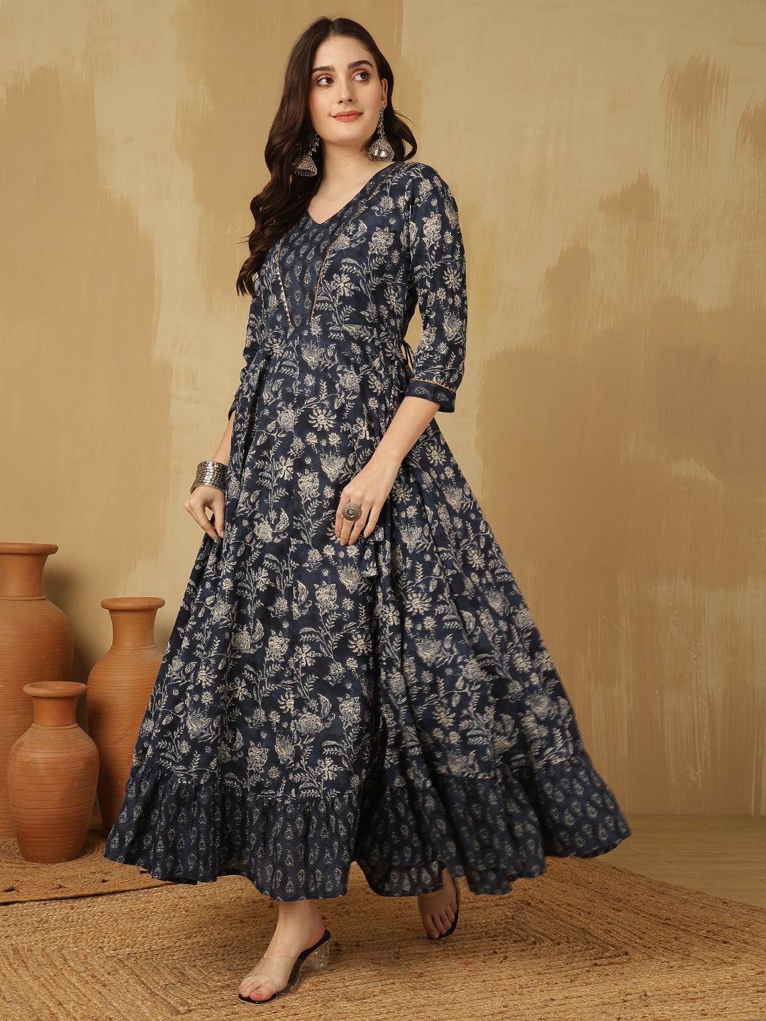 Women Cotton Printed Ankle Length V-Neck Tiered Kurta