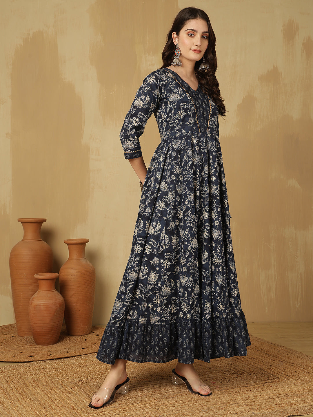 Women Cotton Printed Ankle Length V-Neck Tiered Kurta