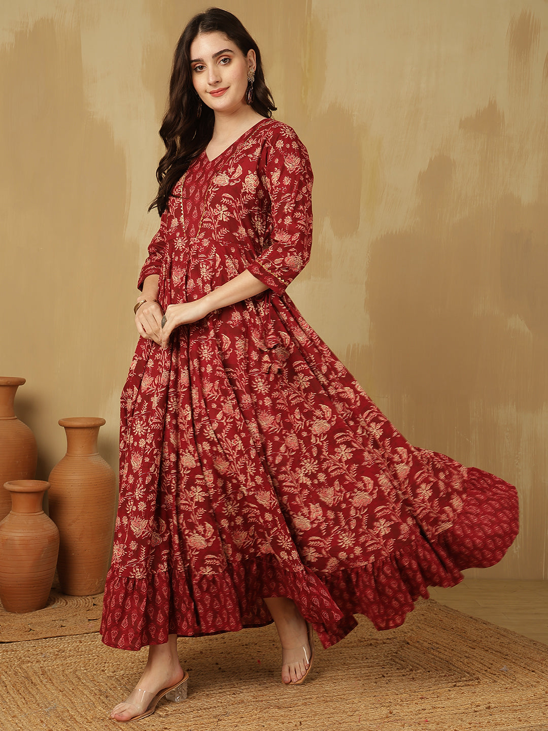 Women Cotton Printed Ankle Length V-Neck Tiered Kurta