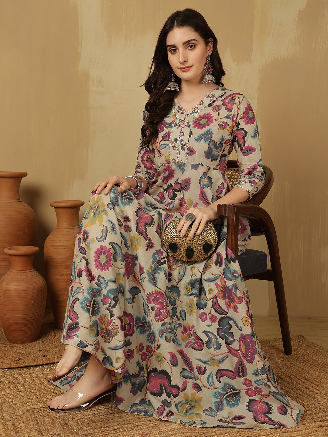 Women Cotton Printed Ankle Length V-Neck Tiered Kurta