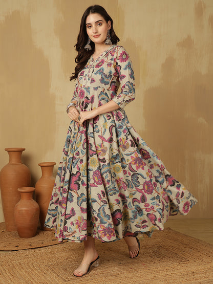 Women Cotton Printed Ankle Length V-Neck Tiered Kurta