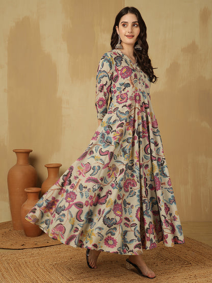 Women Cotton Printed Ankle Length V-Neck Tiered Kurta
