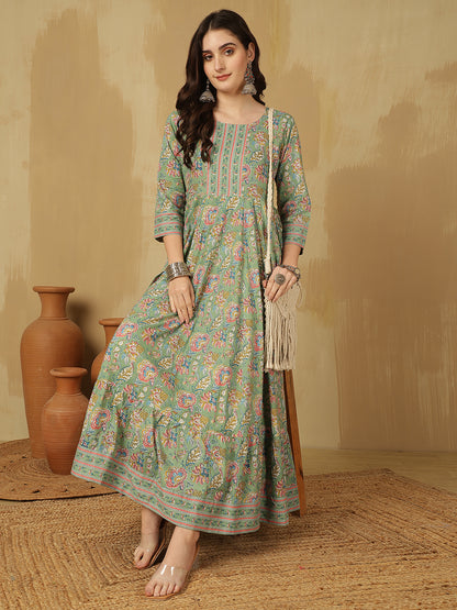 Women Cotton Printed Ankle Length Round Neck Tiered Kurta