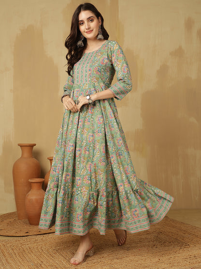 Women Cotton Printed Ankle Length Round Neck Tiered Kurta