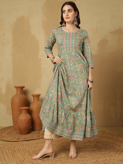 Women Cotton Printed Ankle Length Round Neck Tiered Kurta